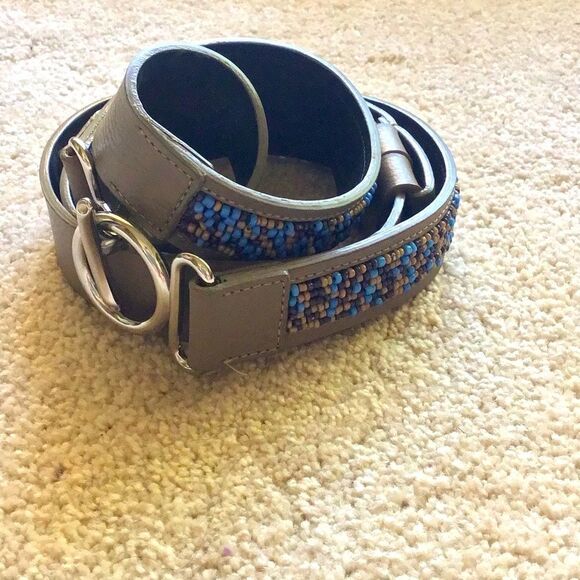 Chico's Blue Bead Faux Leather Adjustable Length Belt Silver Buckle - Picture 2 of 11